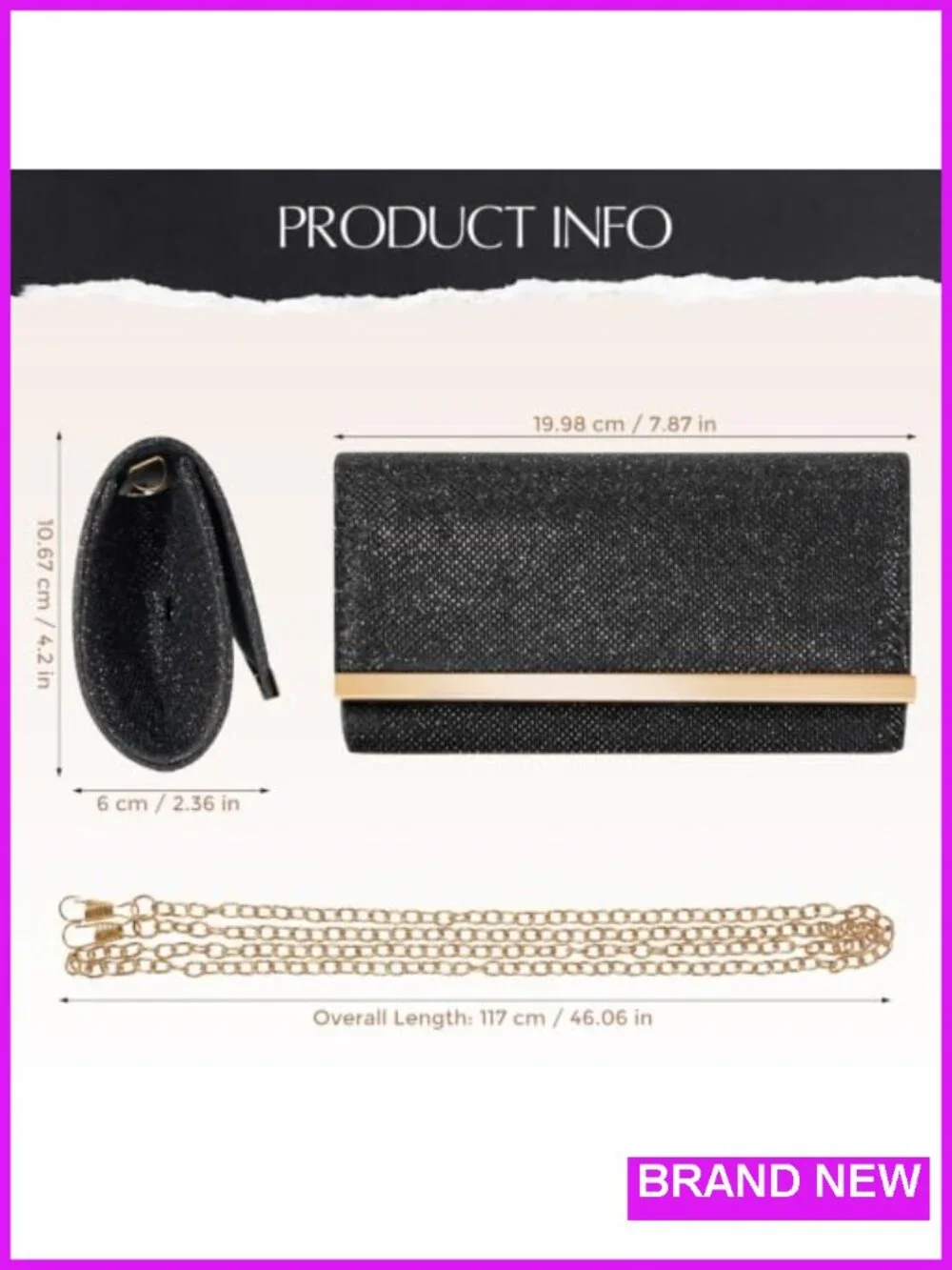 Black Sparkly Glitter Clutch Purse with Detachable Chain Strap